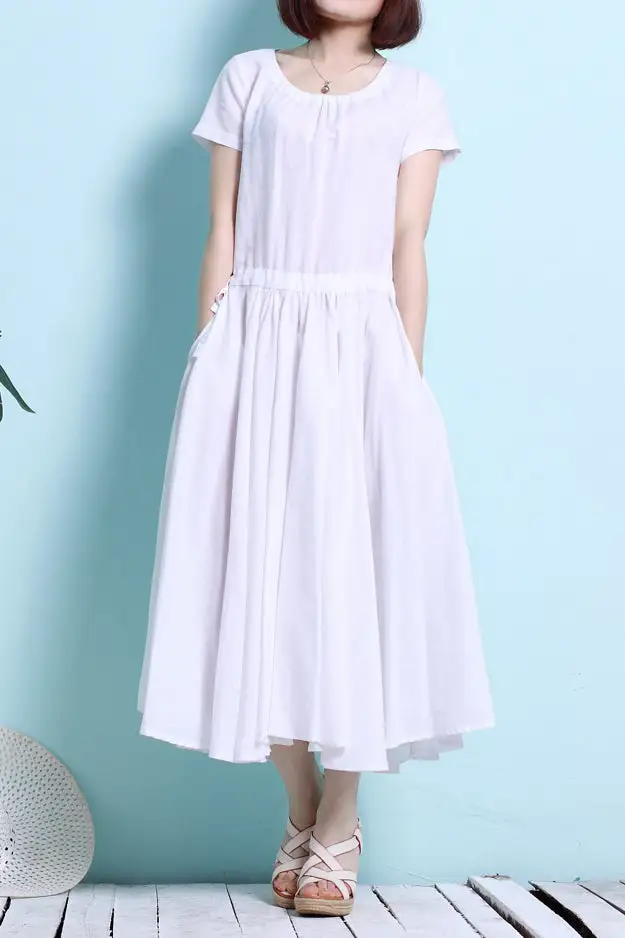 Refined Linen Cotton Short Sleeve Midi Dress