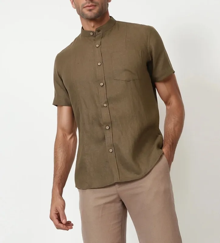 Hazelnut Brown Linen Mandarin Collar Shirt