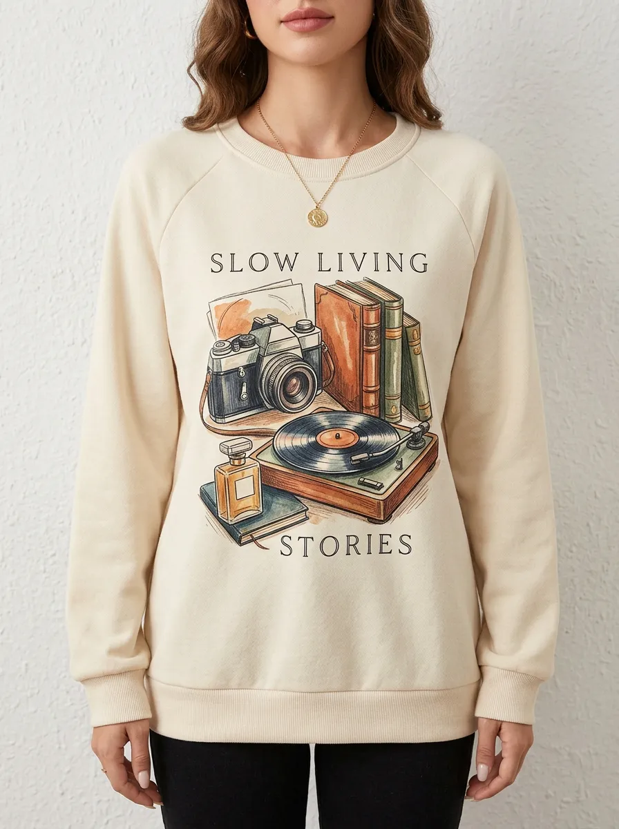 Women's Slow Living Camera Books Vinyl Printed Sweatshirt