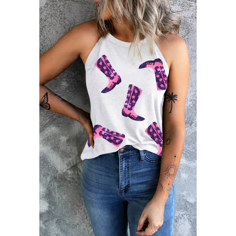 Sequin Boots Round Neck Tank