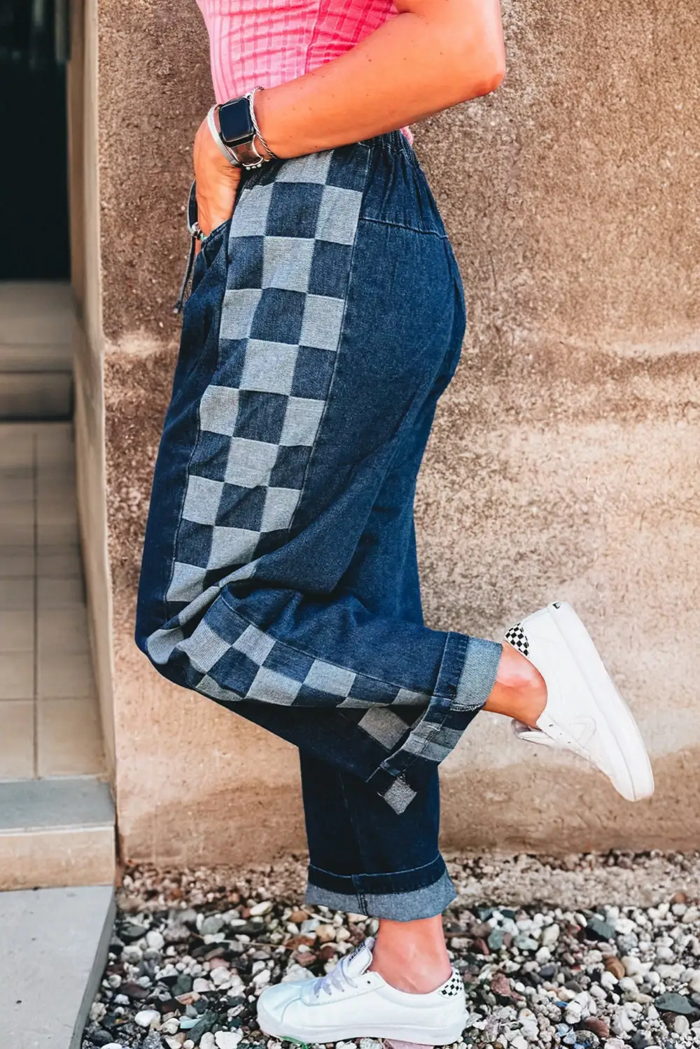 Women's Checkered Side Panel Patchwork Drawstring Loose Denim Pants