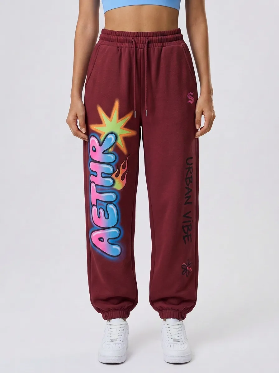 Women's Streetwear Graffiti Aethr Flame Printed Joggers