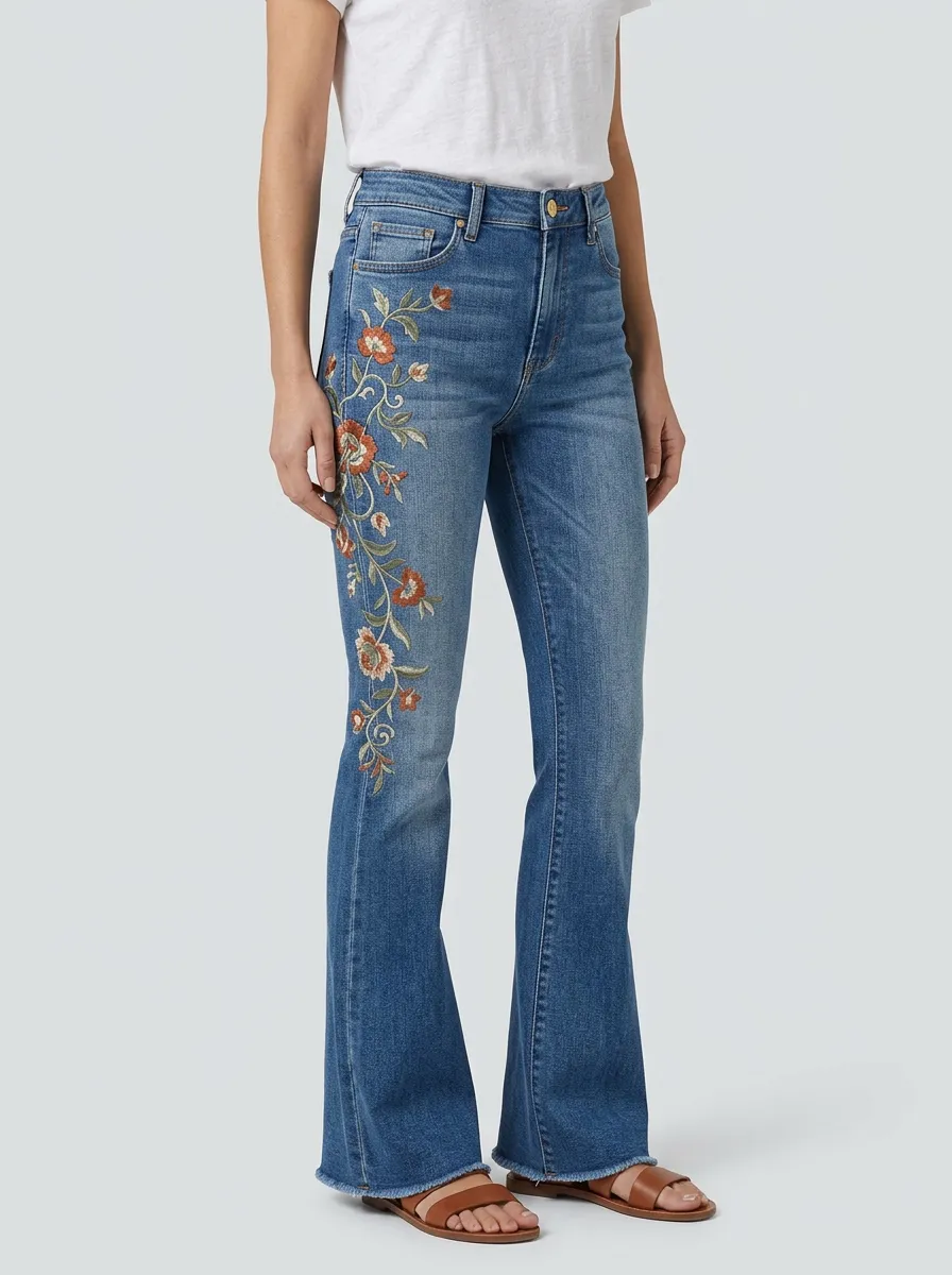 Women's Medium Wash Floral Embroidery Raw Hem Flare Jeans
