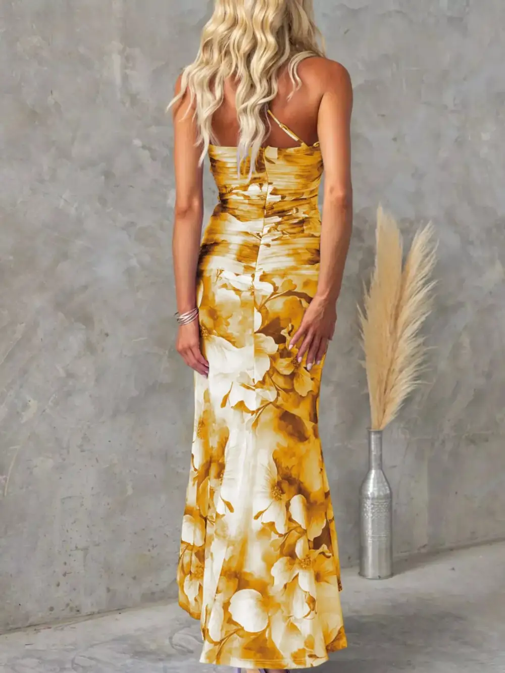 Casual Floral Print One Shoulder Ruched Maxi Dress