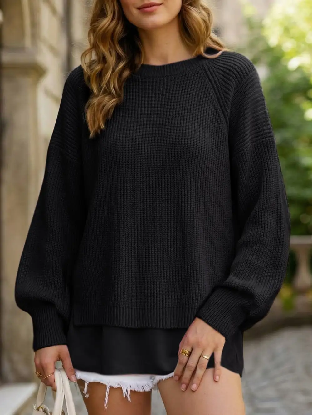 Chiffon Patchwork Hem Lantern Sleeve Top
