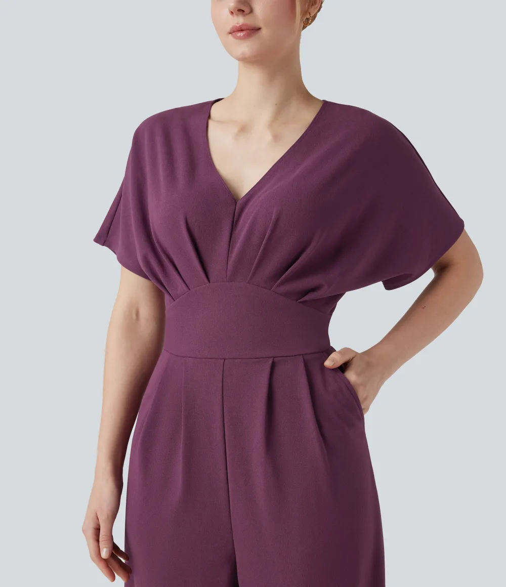 Wrinkle-resistant V-neck Batwing Sleeve Wide Leg Work Jumpsuit with Pockets-Easy Peezy