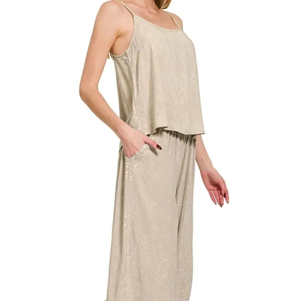 Woven Acid Crinkle Washed Cami & Pants Two Piece Set