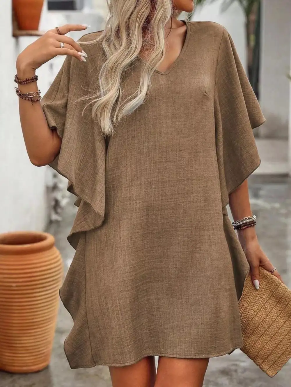 V Neck Ruffle Flutter Sleeve Mini Dress