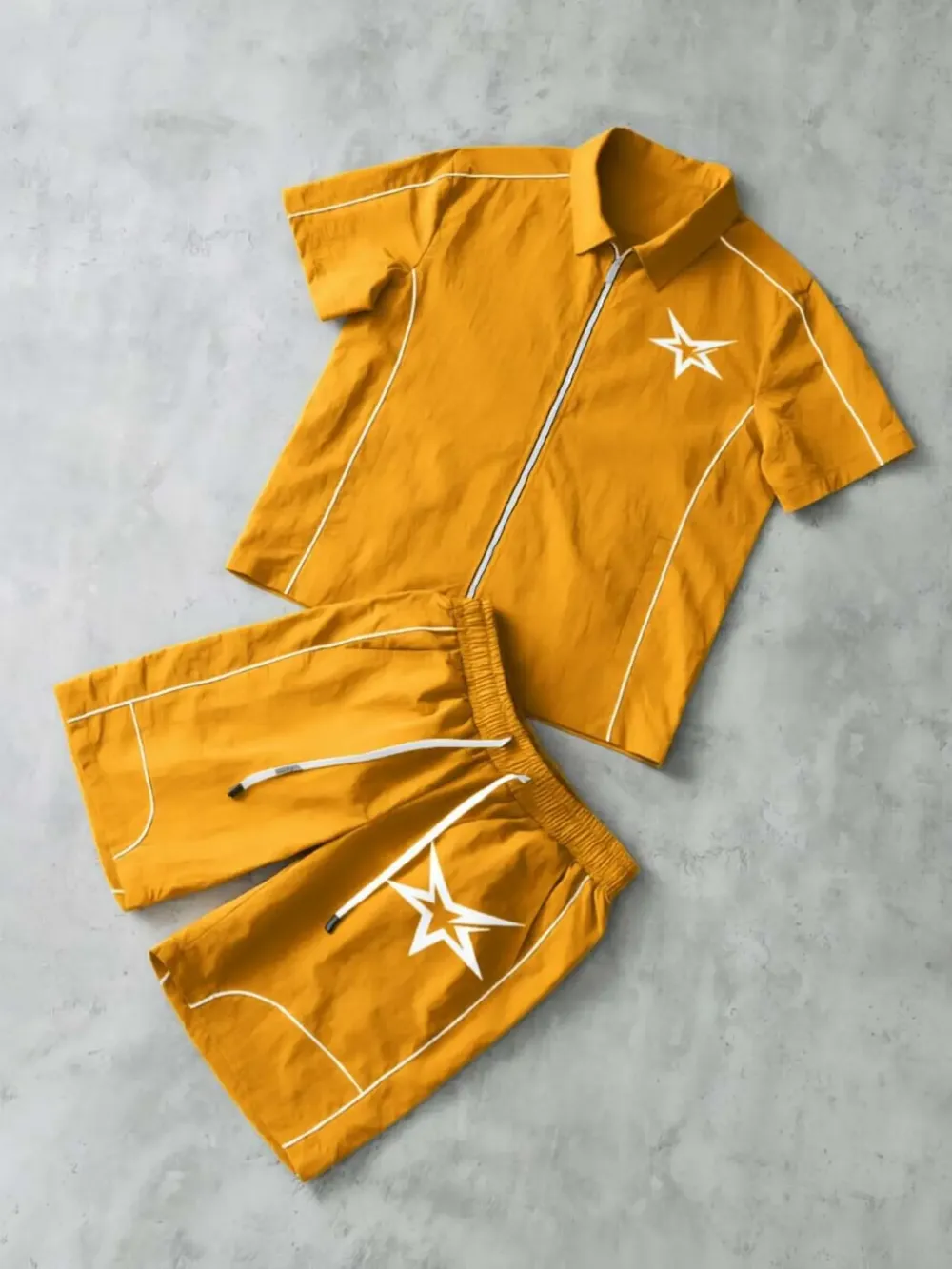Stars Pattern Casual Set Short Sleeve Zipper Shirt + Gym Shorts Two-Piece Set, Breathable Comfort Spring Summer Daily Wear