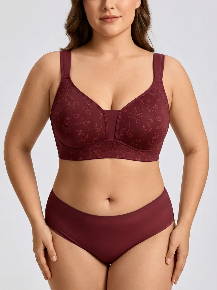 Women's Plus Size Dusty Rose Rose Floral Full-Coverage Wide-Strap Wireless Bra