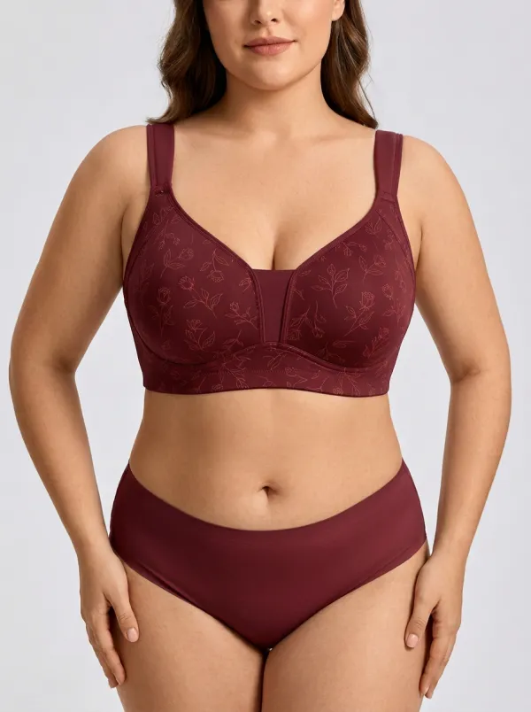 Women's Plus Size Dusty Rose Rose Floral Full-Coverage Wide-Strap Wireless Bra