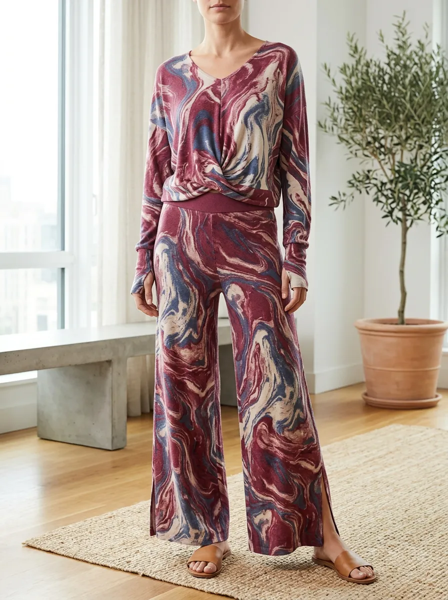Women's Lounge Marbled Pattern Patterned V-Neck Wide Leg Pants Set