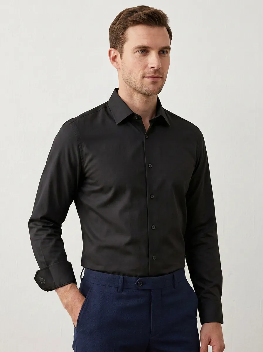 Men's Non-Iron Cotton Solid Grey Long Sleeve Shirt