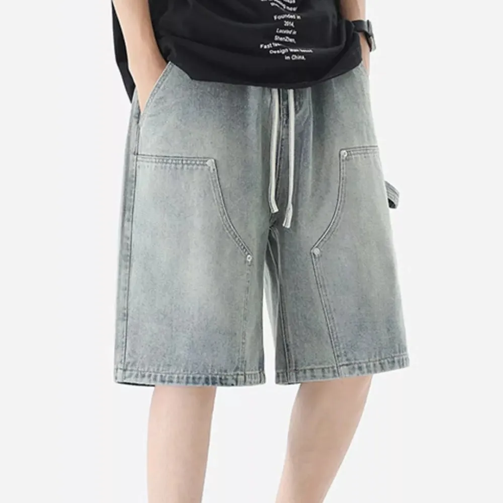 Drawstring Pocket Detail Vintage Inspired Washed Denim Shorts