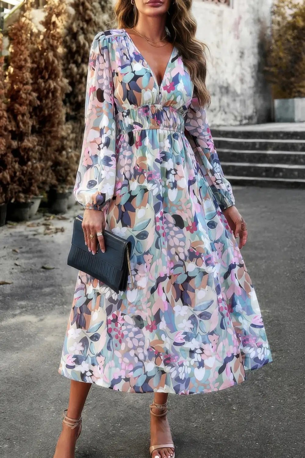 Boho V Neck Flared High Waist Long Sleeve Dress