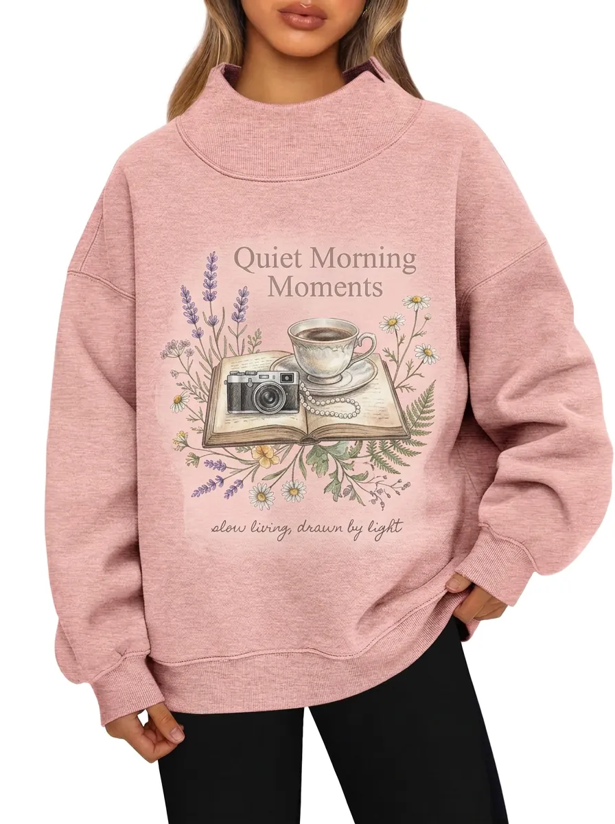 Women's Quiet Morning Coffee Camera Floral Graphic Sweatshirt