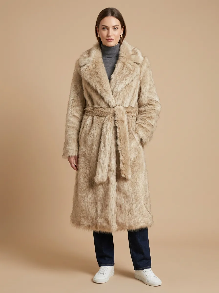 Faux Fur Long Belted Winter Coat