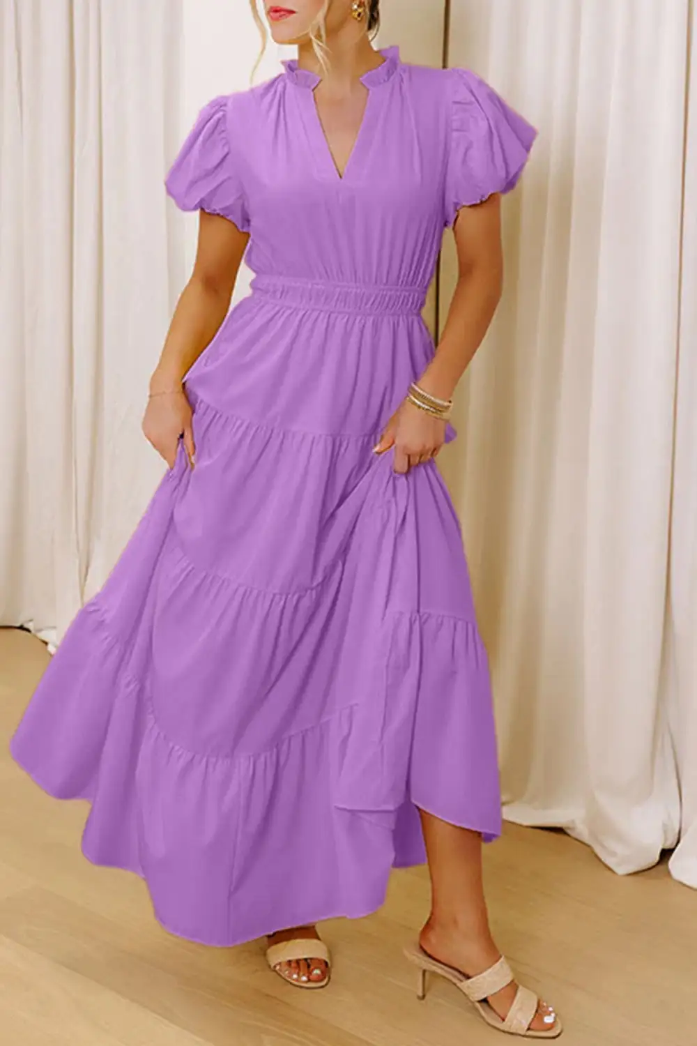 Clean Line V Neck Tiered Puff Sleeve Maxi Dress