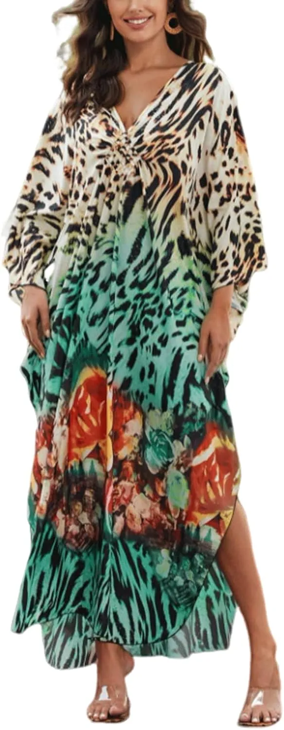 KECVOT Kaftan Dresses for Women Plus Size Batwing Sleeve Caftans Long Bathing Suit Cover Up Maxi Beach Dress Loungewear