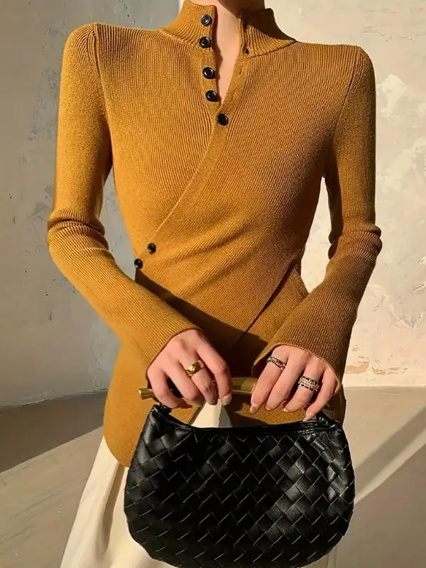 Asymmetric Split Front Paneled V-Neck Long Sleeve Sweater