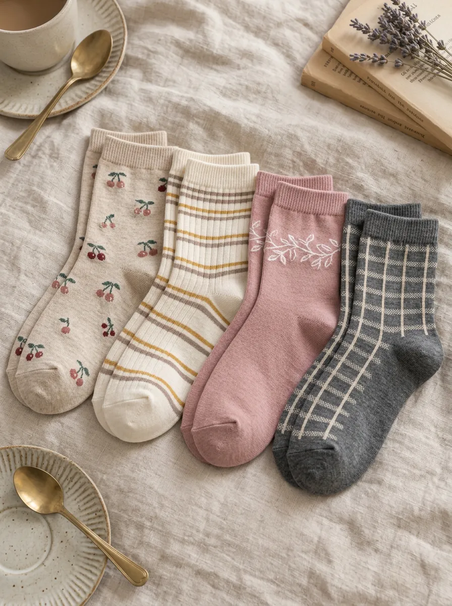 Women's Cherry Stripe Floral Plaid Printed 4-Pack Socks