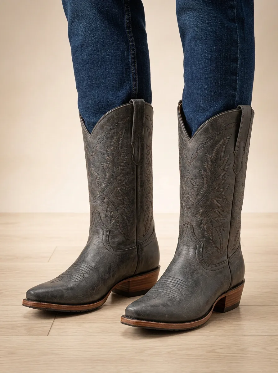 Unisex Western Cowboy Embroidered Distressed Boots Leather