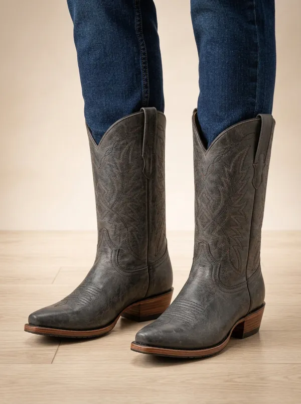 Unisex Western Cowboy Embroidered Distressed Boots Leather