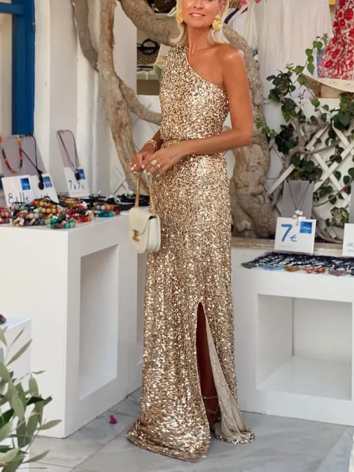 Sequin One Shoulder Slit Maxi Gown