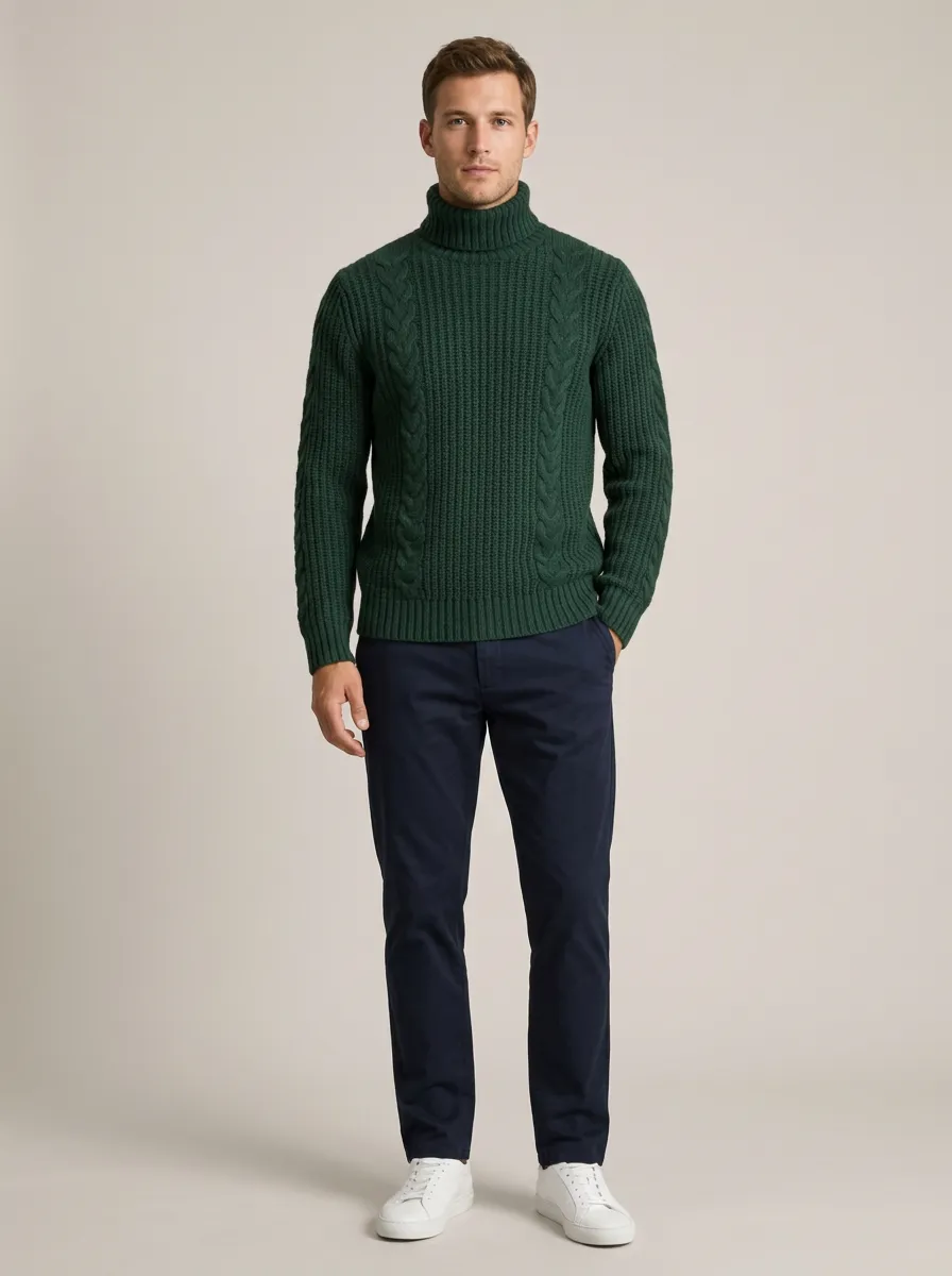 Men's Rib Detail Cable Knit Turtleneck Sweater
