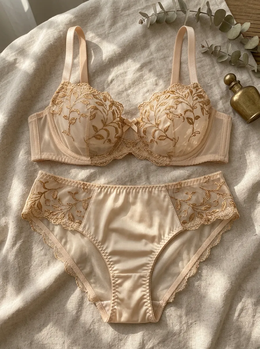 Women's Floral Embroidery Mesh Embroidered Scalloped Lingerie Set