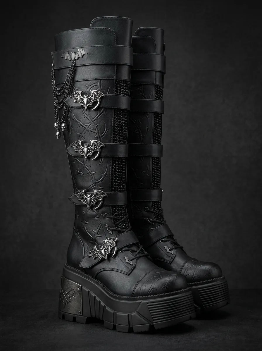 Classic Gothic Bat Thorn Chain Gothic Edit Women's Gothic Platform Boots