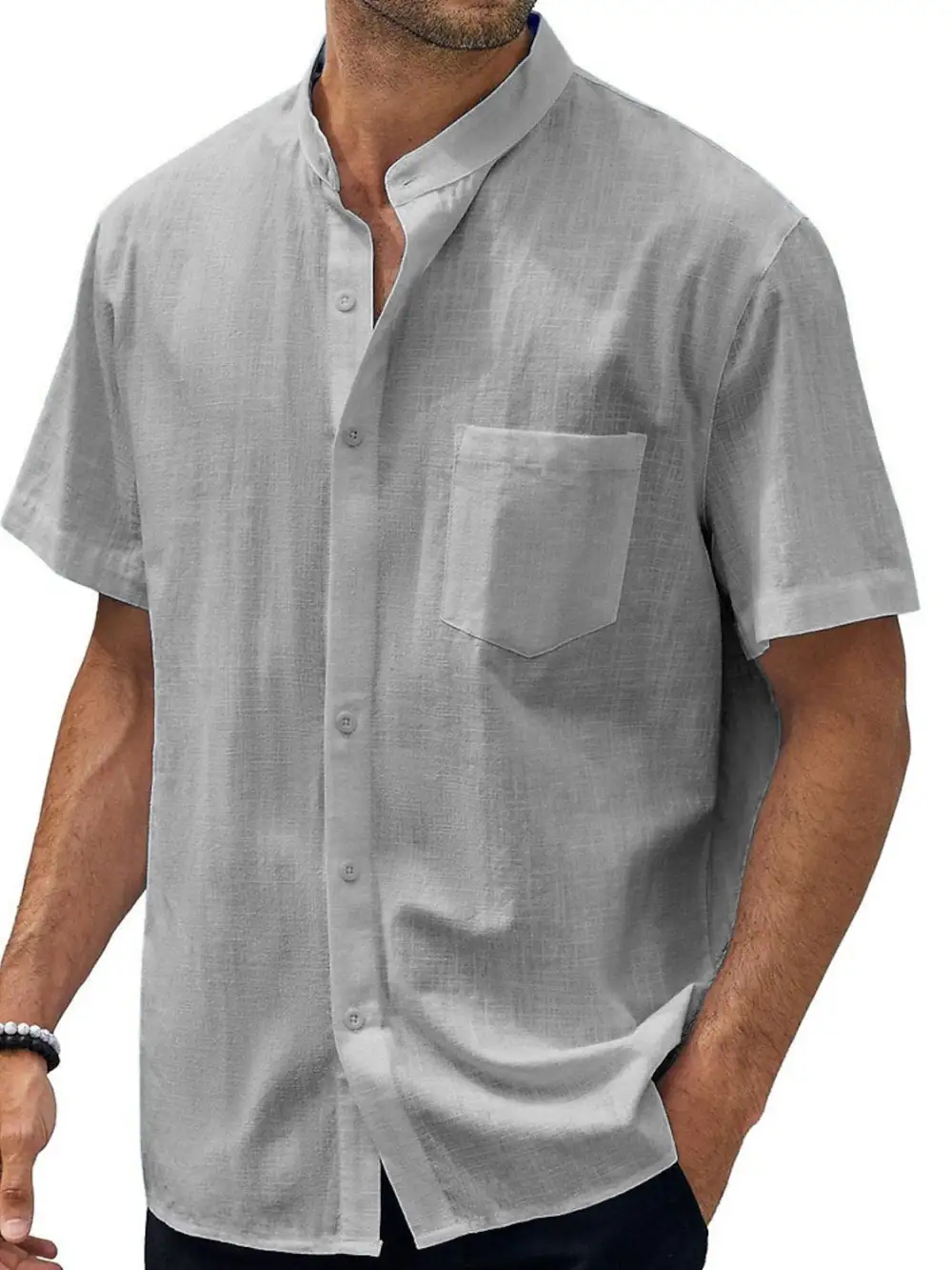 Cotton Linen Stand Collar Shirt