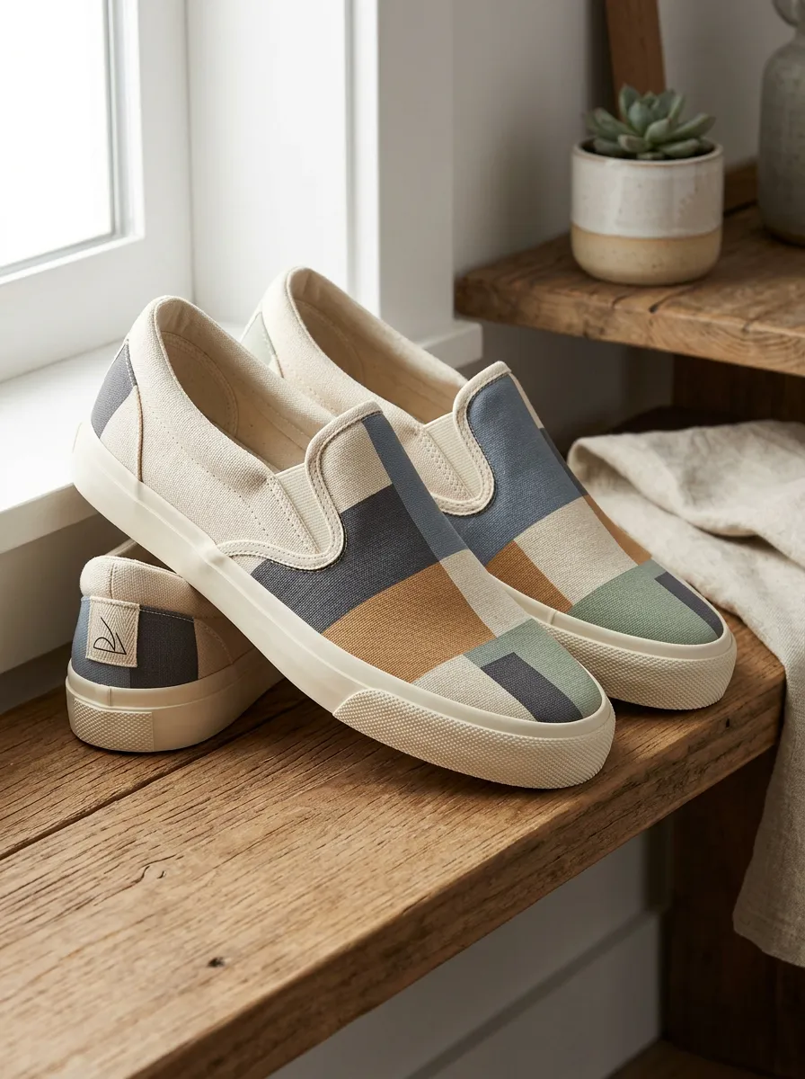 Men's Refined Geometric Color Block Patterned Slip-on Canvas Shoes
