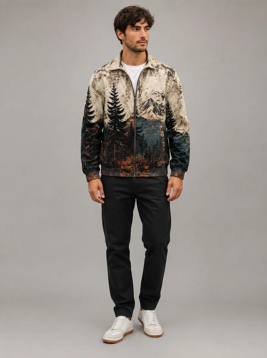 Men's Landscape Print Zip-Up Jacket with Continuous landscape graphic print across the front and sleeves