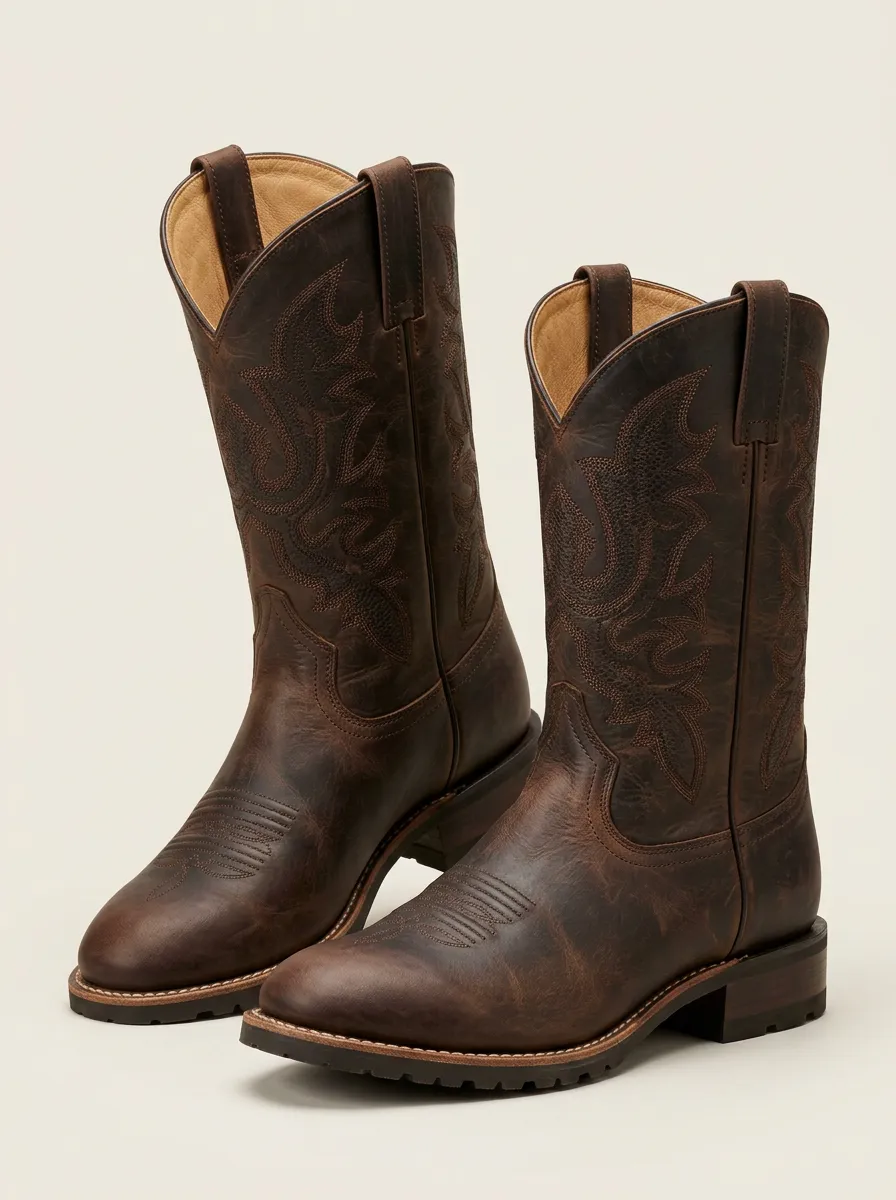 Men's Classic Western Brown Leather Embroidered Printed Boots