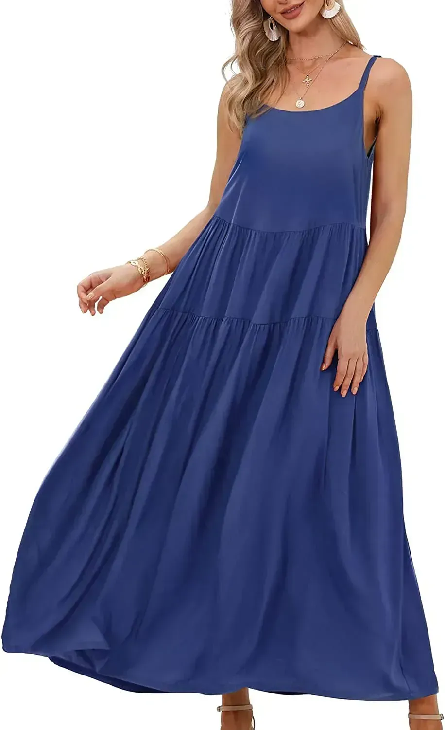Summer Dresses for Women Casual Loose Bohemian Floral Dress with Pockets Spaghetti Strap Maxi Dress E75