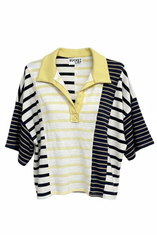 Stripe-Block Collar Short Sleeve Top