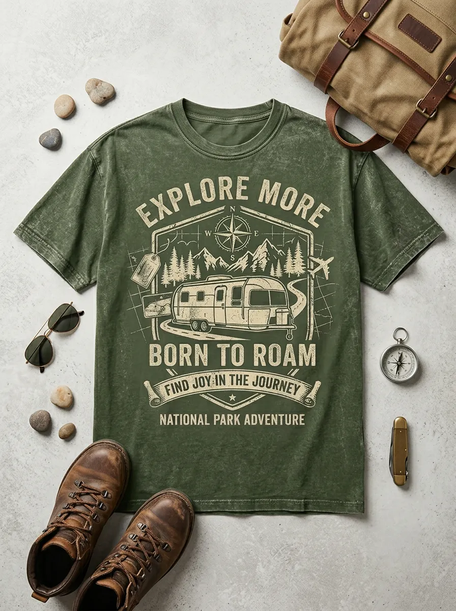 Unisex Camping Lover National Park Camper Van Printed T-shirt