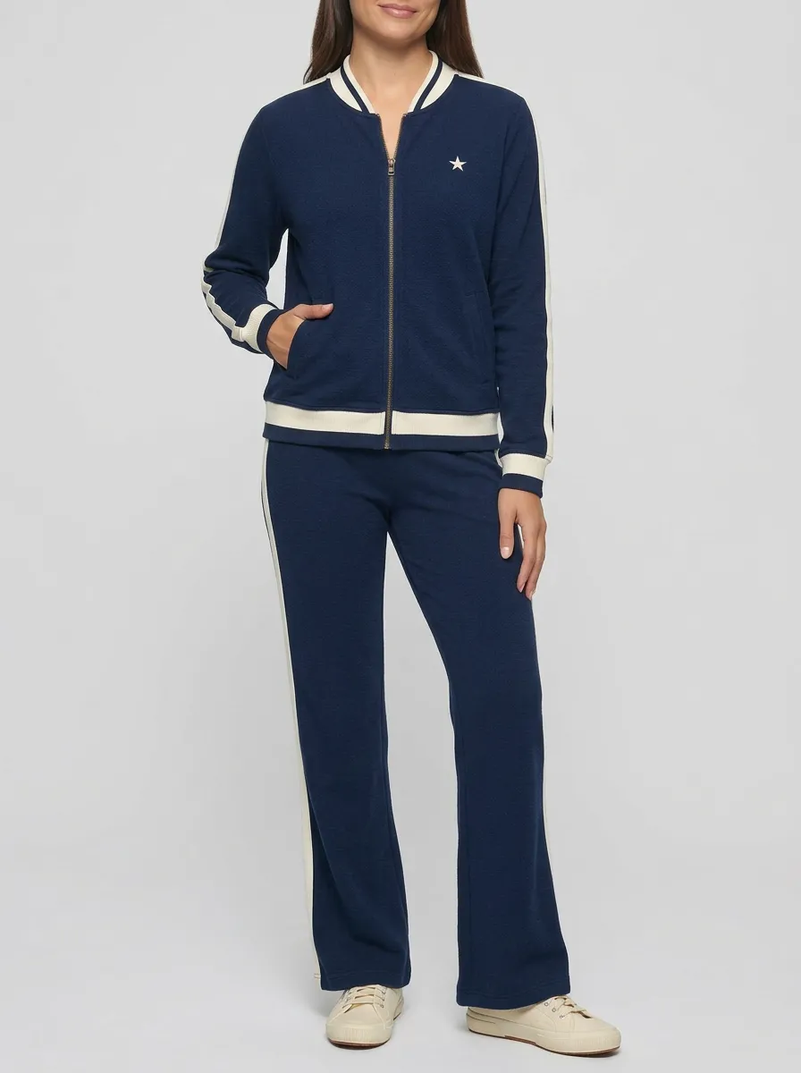Women's Side-Stripe Zip-Up Jacket & Straight-Leg Pants Ribbed-Trim Star Set