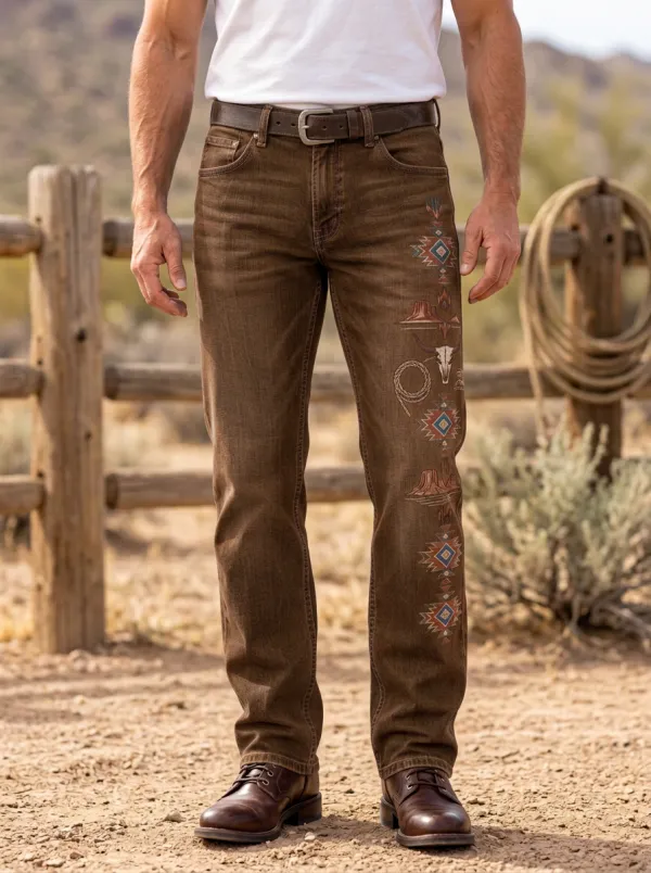 Men's Western Cowboy Lasso Geometric Skull Jeans