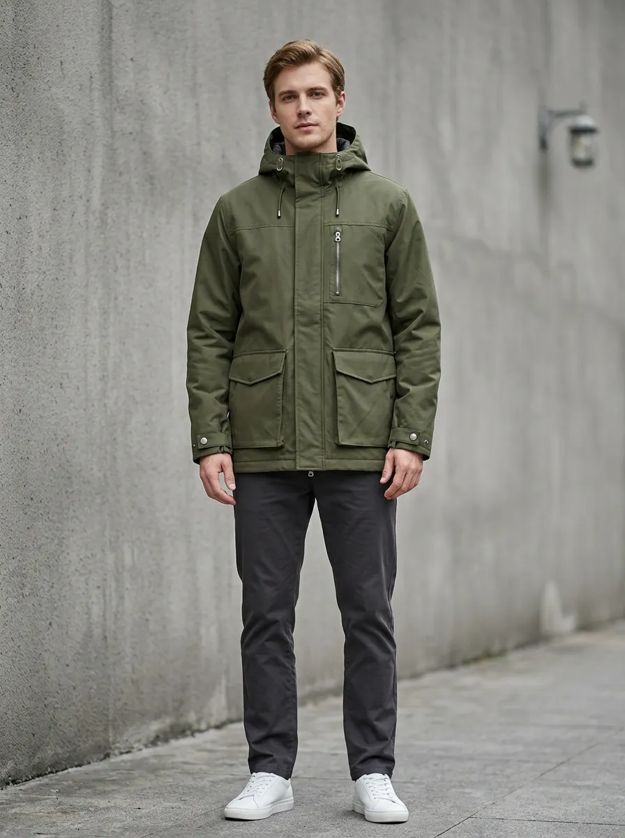 Men's Olive Green Waterproof Hooded Jacket with a Hood and Snap Fastenings