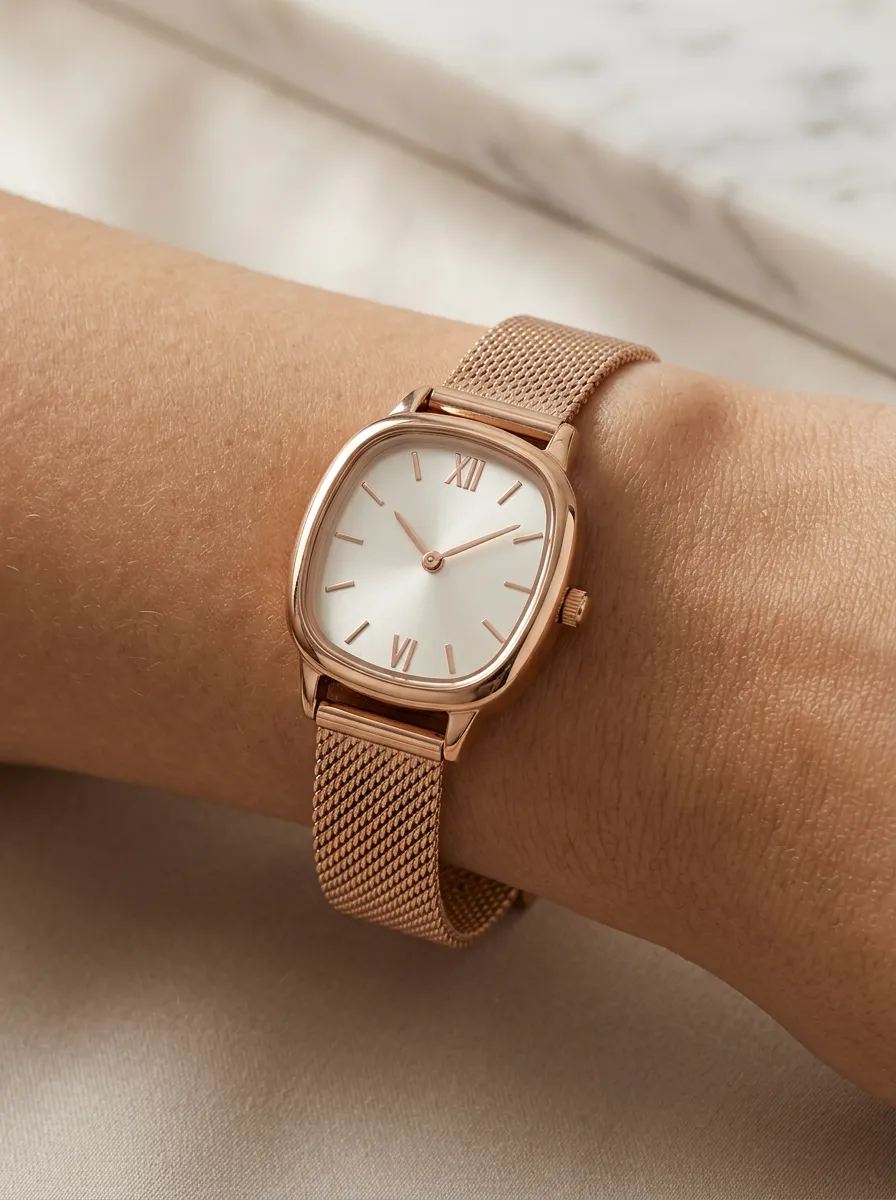 Rose Gold Cushion Case Mesh Watch