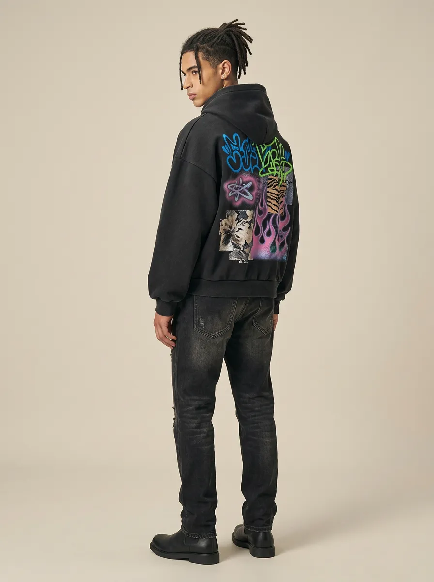 Unisex Streetwear Graffiti Flame Tiger Graphic Hoodie