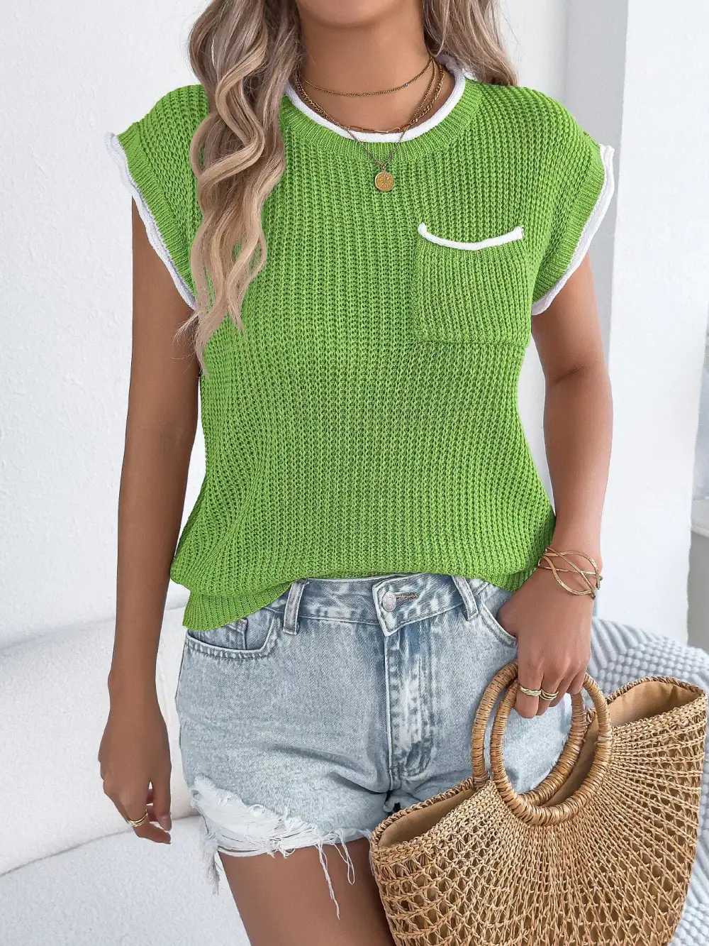 Contrast Trim Round Neck Cap Sleeve Sweater