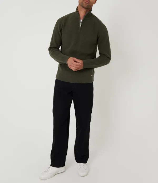 Forest Green Rib Panel Quarter-Zip Knit Sweater