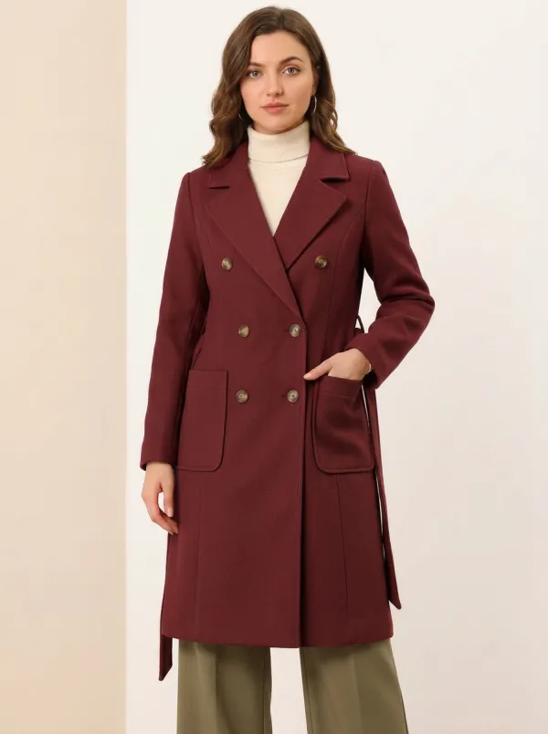 Women's Camel Double-Breasted Lapel Belted Wool-Blend Coat