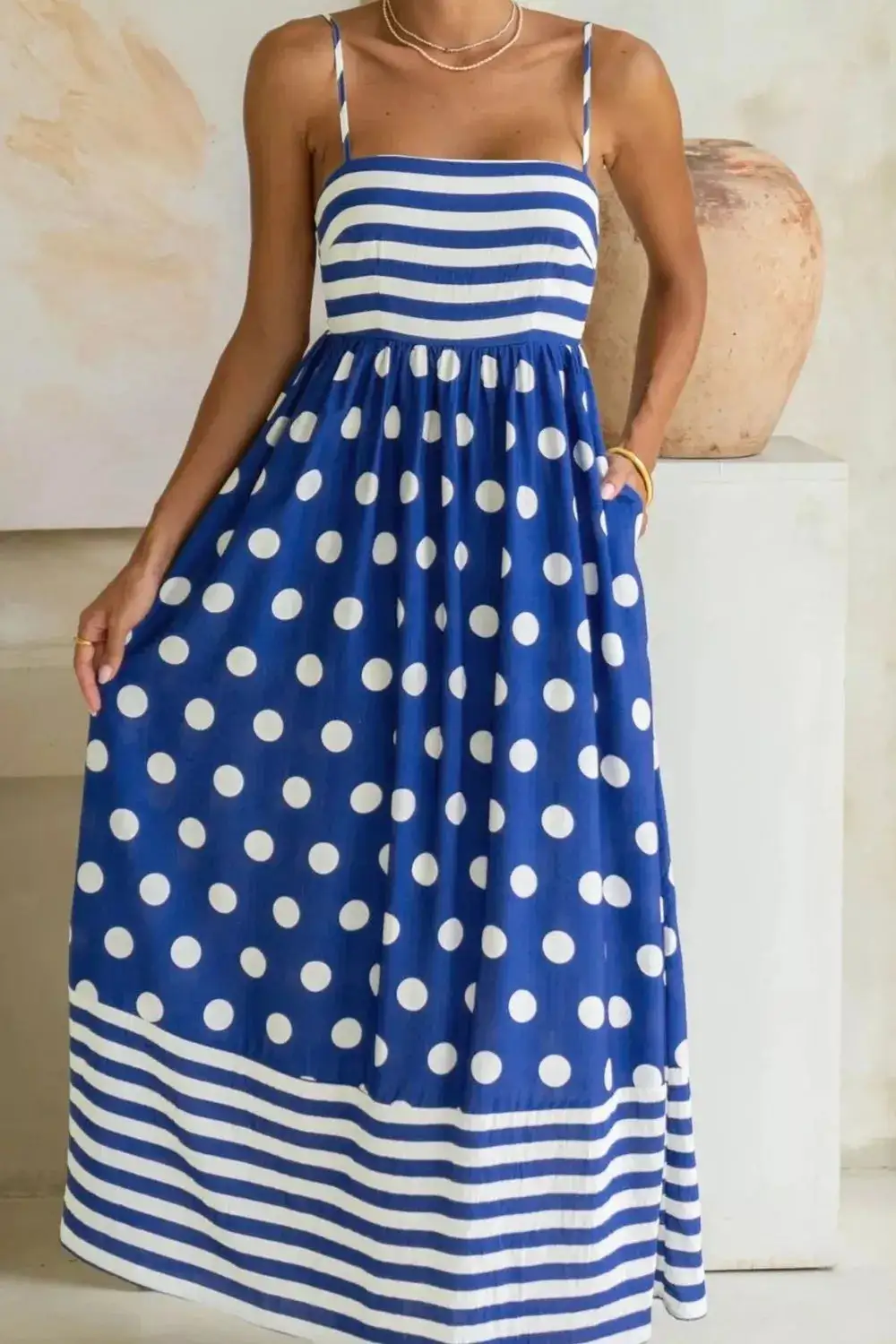 Striped Polka Dot High Waist Maxi Dress