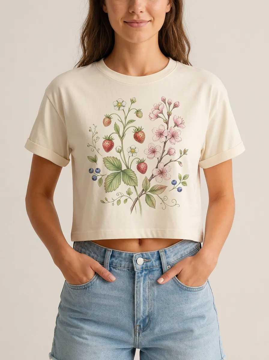 Women's Botanical Strawberry Cherry Blossom Printed Crop Top
