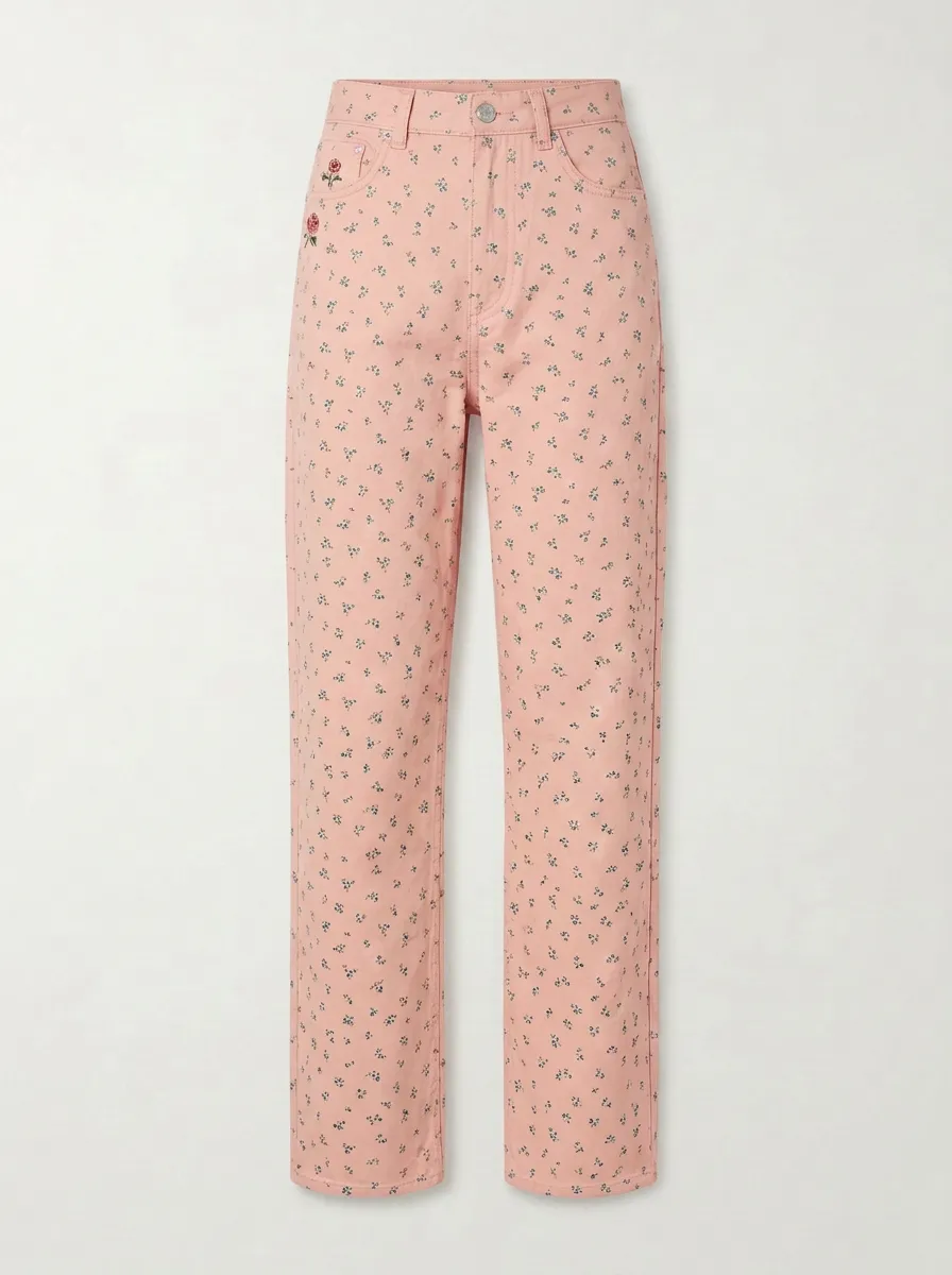 Women's Vintage Floral Rose Embroidered Printed Mid-Rise Straight Leg Pants