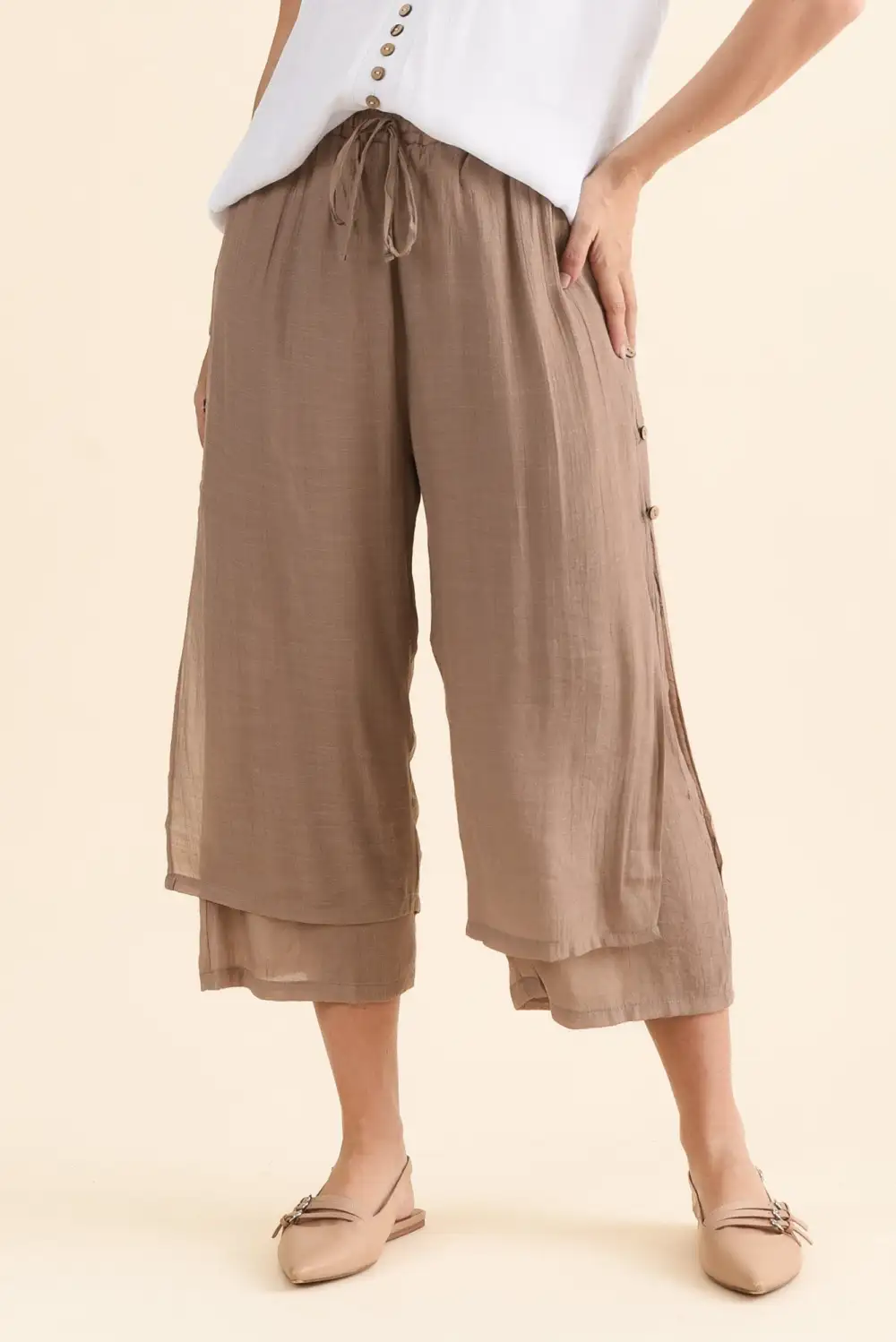 Cotton Blend Mid Rise Elastic Waist Pants